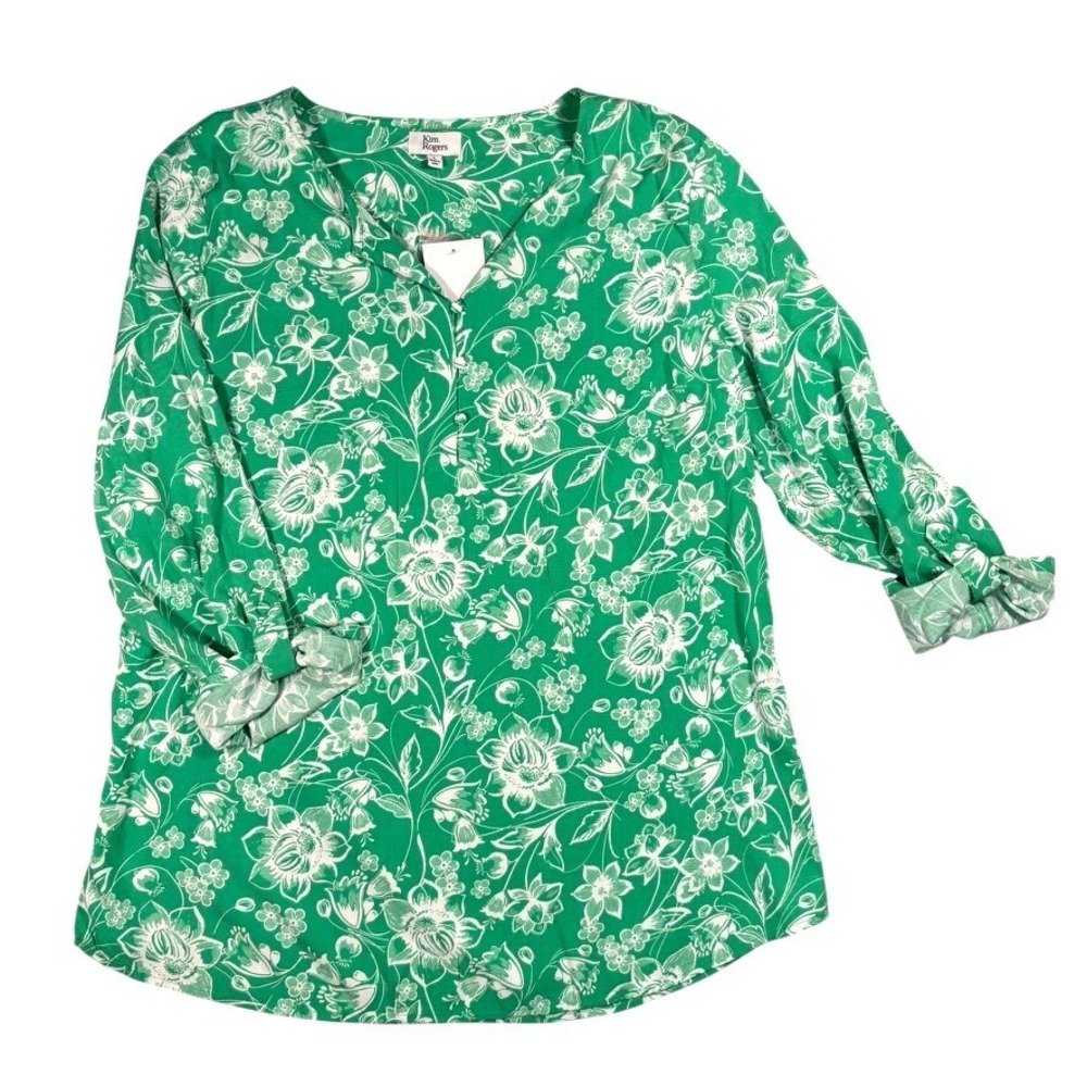 Green Floral‎ Scroll Roll Tab Sleeve V-Neck Tunic Blouse L NEW Boho Resortwear